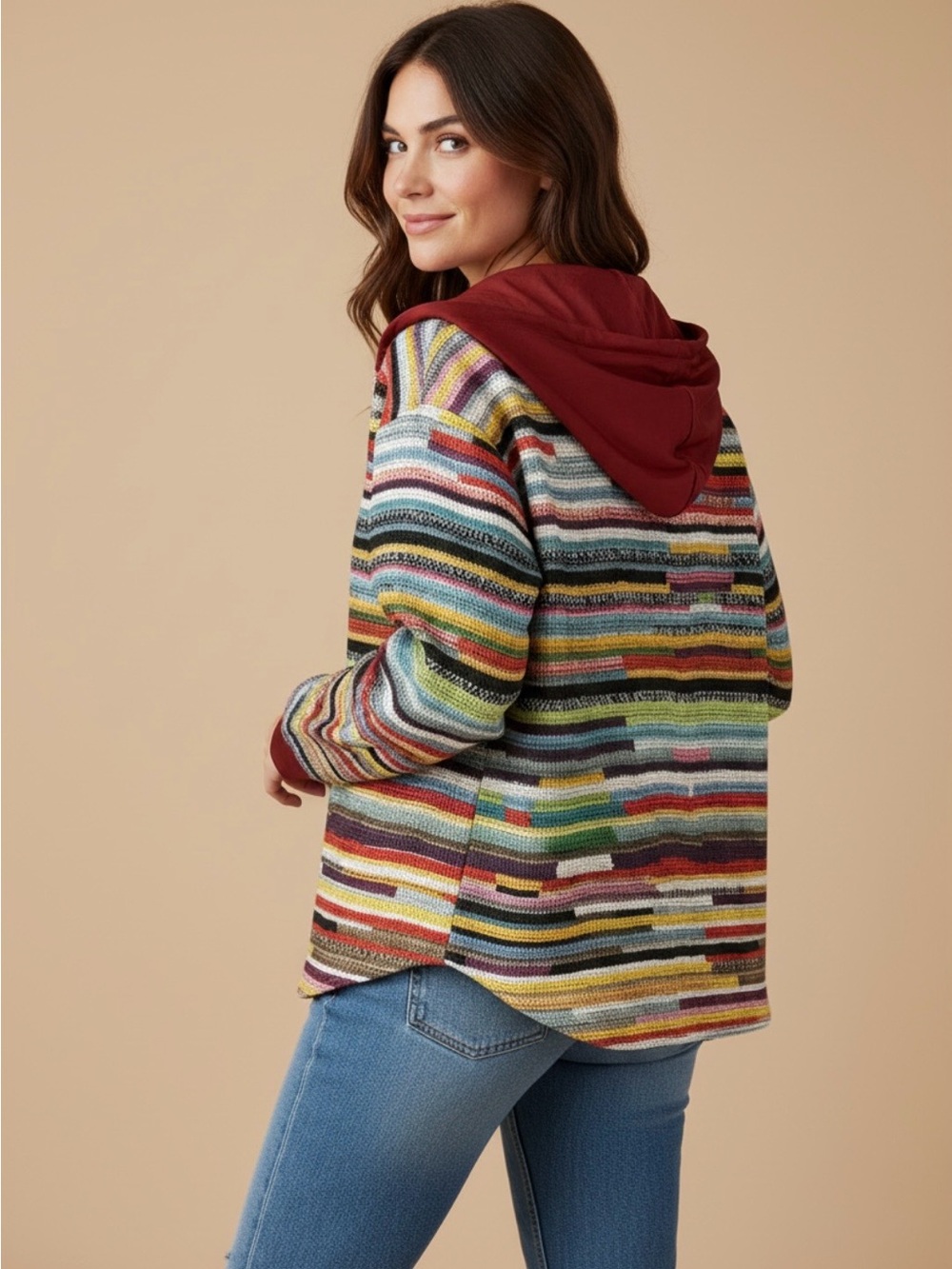 Noracora Colorful Southwestern Knit Fleece Lined Hooded Shacket Jacket, M, NWT